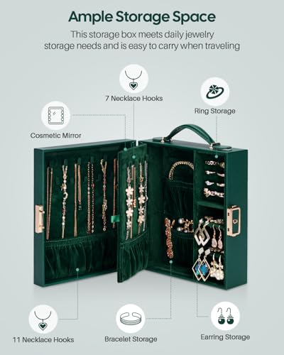 Enthralite Portable Travel Jewelry Case: Jewelry Box with Lock and Mirror - color: Dark Green