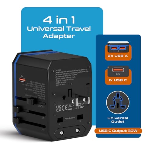 Ceptics International Power Adapter - 30W USB-C, 2 USB-A, Universal Input - color: Black/Blue