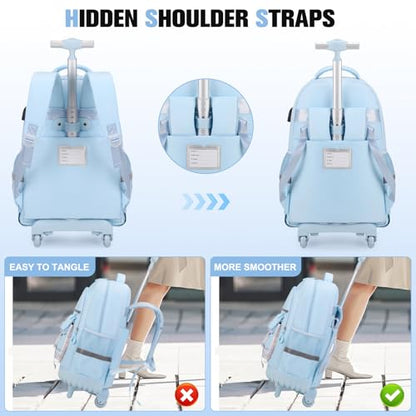 ACESAK 3PCS Rolling Backpack for Girls Children, Girls Backpack with Wheels - color: Blue