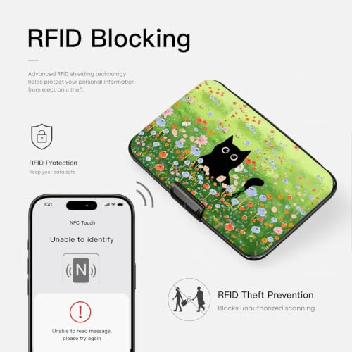 Credit Card Holder RFID Aluminum card case Flowers Cat 2 mini Wallet Women - color: Flowers and Black Cat