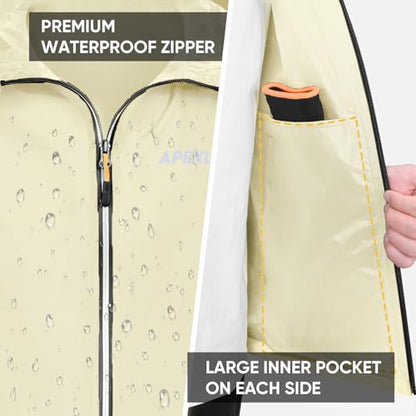APEXUP Packable Rain Jacket Men Waterproof Lightweight Raincoat with Hood - color: Beige, size: 3X-Large