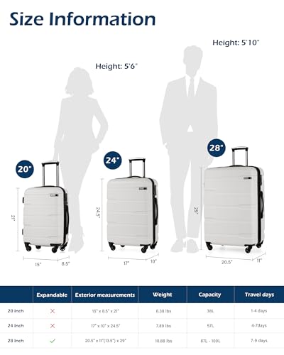 Coolife Large Checked Luggage Hardside Suitcase with Spinner Wheels, 28in | Expandable, Lightweight ABS+PC, Rolling Travel Suitcase with TSA Lock, Spinner Wheels, Durable Zipper, White - color: White, size: Large Checked(28in)
