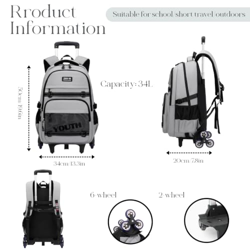 EKUIZAI Kids Rolling Wheeled Backpack for Boys Girls Roller Middle School Backpack with Wheels Rolling Bookbag Trolley Bag for Kids，2 Wheels White - color: 2-wheel White, style: 2 Wheels