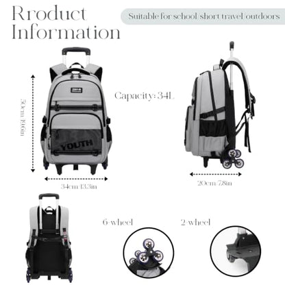 EKUIZAI Kids Rolling Wheeled Backpack for Boys Girls Roller Middle School Backpack with Wheels Rolling Bookbag Trolley Bag for Kids，2 Wheels White - color: 2-wheel White, style: 2 Wheels