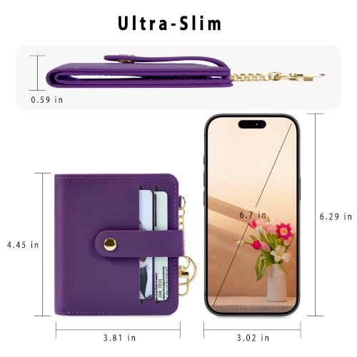 Airkit Small Wallet Women RFID, PU Leather Card Holder with Keychain - color: Purple