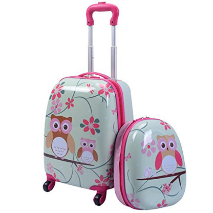 GYMAX 아동용 휴대용 수하물 세트, 30.5cm(12인치) 및 40.6cm(16인치) 롤링 슈트케이스 2개 - color: 부엉이