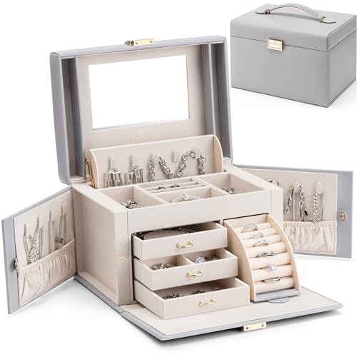 VLANDO Jewelry Storage with Mirror and 3 Drawers,Gray - color: Gray