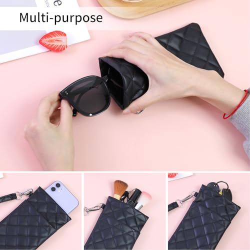 Double Eyeglass Case Soft Dual Glasses Case for Women Men Travel Squeeze Top Sunglasses Cases Eyeglasses Pouch - color: Black+white Lanyard