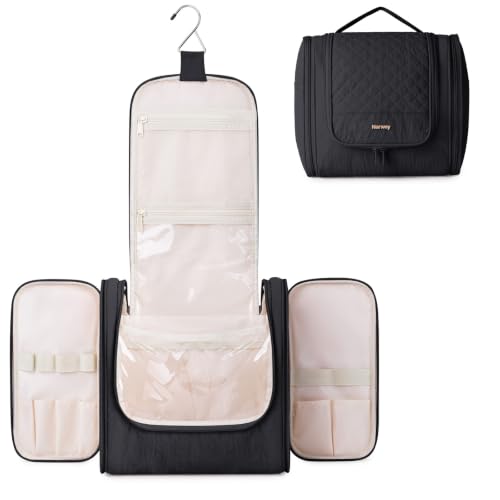 Narwey Hanging Toiletry Bag for Women, Quilted Travel Cosmetic Makeup Bag - color: Black