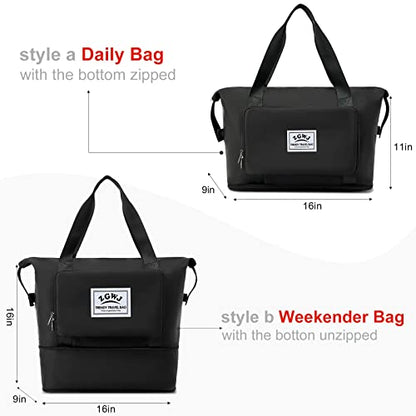 ZGWJ Travel Tote Bags, Expandable Overnight Weekender Bag for Women Foldable Carry-On - color: Black