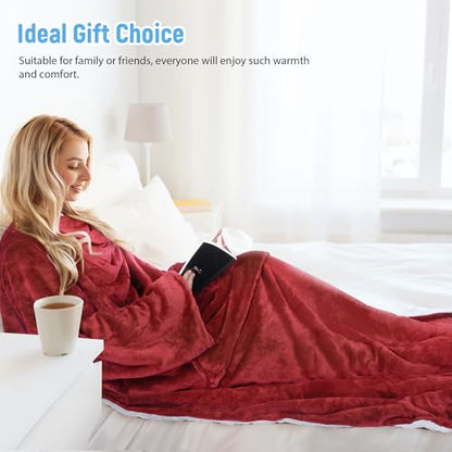Catalonia Sherpa Wearable Blanket with Sleeves Arms - color: Wine
