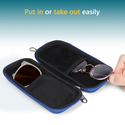Double Eyeglasses Case for Dual Sunglasses, Hard Shell with Zipper - color: Blue