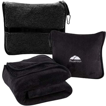 BlueHills Premium Soft Travel Blanket Pillow Flight Comfort Throw - Black | Packed in Soft Bag Pillowcase with Luggage Strap, Carabiner, Long Flight Essentials, Compact Travel Pillow Converts Blanket - color: Black-1pk-t008