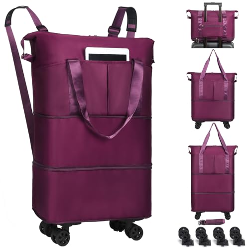 Duffel Bag with Wheels - Rolling Foldable Expandable Duffle Bag with Wheel for Travel, Rolling Luggage Bag Carry On Travel Bag with Wheels, Large Wheeled Overnight Weekender Bags (Deep Purple) - color: Deep Purple