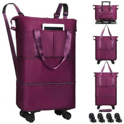 Duffel Bag with Wheels - Rolling Foldable Expandable Duffle Bag with Wheel for Travel, Rolling Luggage Bag Carry On Travel Bag with Wheels, Large Wheeled Overnight Weekender Bags (Deep Purple) - color: Deep Purple