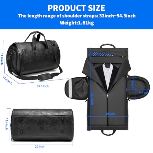 Leather Garment Bag，Convertible Garment Duffel Bag for Travel Mens Suit Bag 2 in 1 Waterproof Foldable Carry on Garment Bag with Shoulder Strap Weekender Bag with Shoe Pouch - color: PU-Black