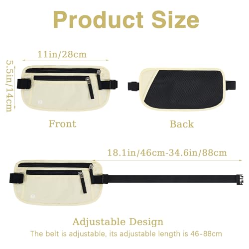 FuninCrea Waterproof Hidden Money Belt for Travel, Anti-Theft Belt Bag with RFID Blocking Function Adjustable Slim Waist Bag with 2 Zipper Pockets and 1 Back Pocket for Travel Running (B, Beige) - color: B, Beige
