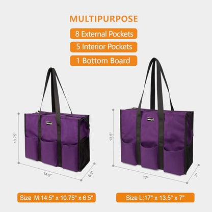 TOPDesign Utility Water Resistant Tote Bag with 13 Pockets, Zipper Closure - color: Purple, size: Medium