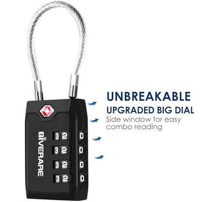 2 Pack TSA Approved Travel Luggage Locks, 4-Digit Cable Combination Suitcase Lock, Metal Alloy Padlocks, Weatherproof Padlock for Locker, Bag, Gun Case, Backpack, Anti Theft, Easy Read Dials-Black