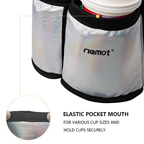 riemot Luggage Travel Cup Holder Free Hand Drink Carrier - Hold Two Coffee Mugs - Fits Roll on Suitcase Handles - Gifts for Flight Attendants Travelers Accessories Glitter Silver - color: Hook & Loop: Glitter Silver