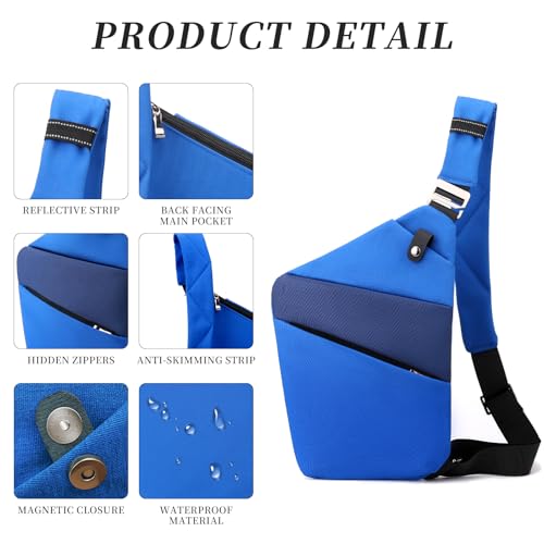 Anti Theft Crossbody Travel Bag - Multi-pocket Shoulder Bag with Adjustable Strap,Slim Sling Bag for Women Men - color: Royalblue＆blue Right Shoulder