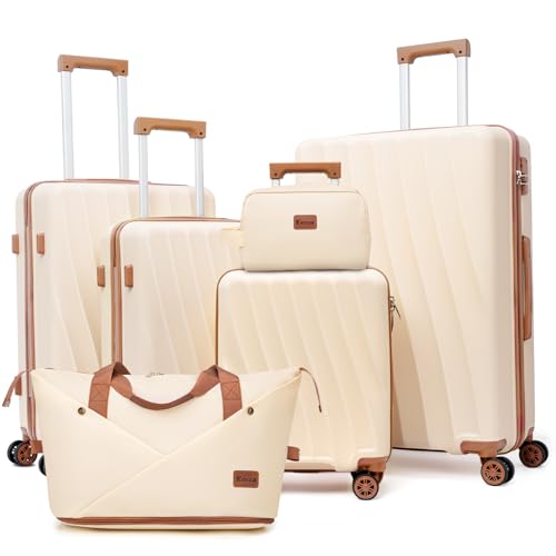 Eeeza Luggage Sets 6 Piece Suitcases (Beige, 16"/20"/24"/28"/DB/TB) - color: Beige, size: 6 Piece Sets (16/20/24/28/DB/TB)