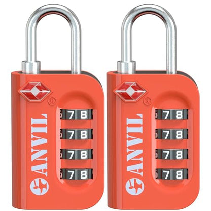 ANVIL TSA Approved Luggage Lock - 4 Digit Combination, 10,000 Combinations, Easy-Read Password Window, Travel Lock for Suitcases, Backpacks, Gym & Student Lockers, Baggage - color: ORANGE 2 PACK