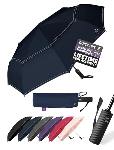 Windproof Travel Umbrella, Compact auto open/close Umbrellas for Rain - color: Navy