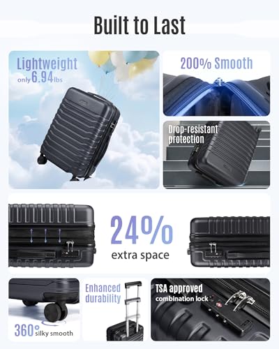 LIGHT FLIGHT Expandable 20" Carry On Luggage 22x14x9, TSA Lock, Black - color: Black