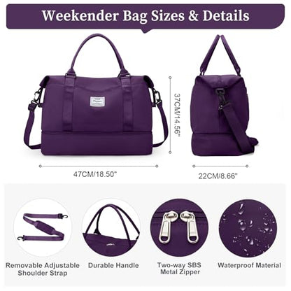 Travel Duffel Bag with Shoes Compartment, Weekender Bags for Women - color: B-Dark Purple, size: Large