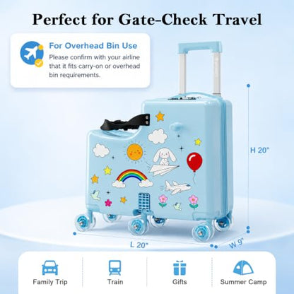 Ride on Suitcase for Kids, Hard Shell Kids Luggage with Belt, Foldable Pedal & Front Grab Handles, Hidden Cup Holder, TSA Lock, 6 Spinner Wheels, Kids Carry on Suitcase for Travel, Blue - color: Blue