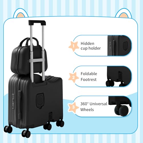 Ride-On Luggage, 6-Wheel Kids Suitcase with Cup Holder, Portable Bag - color: Black