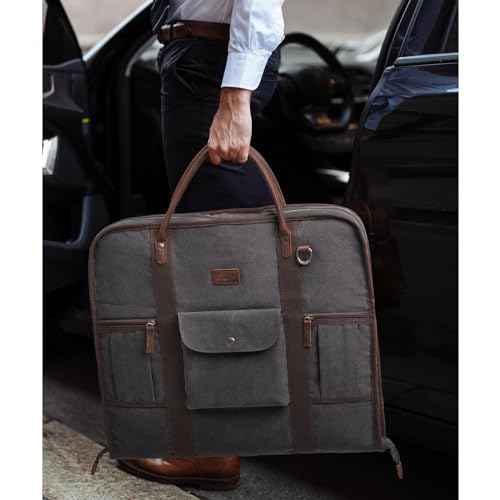 S-ZONE Carry on Garment Bag for Business Travel Canvas Leather Men Suit Cover - color: Grey, size: X-Large