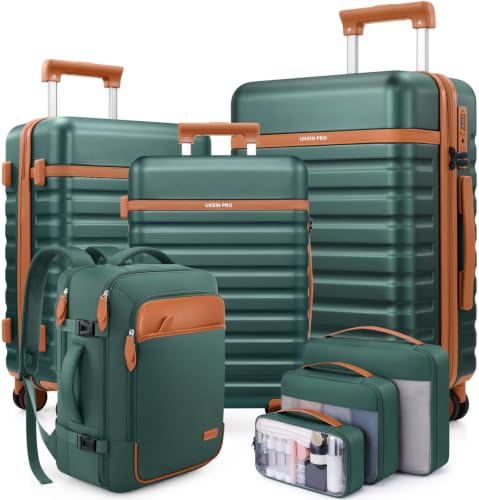 Luggage Sets 7 Piece,Hardside Large Checked Suitcase with Backpack Set - color: Dark Green, size: 7-Piece Sets
