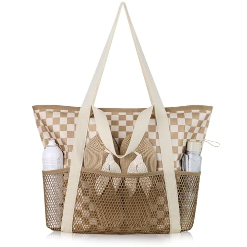 HOMESPON Beach Bag Large Waterproof Sandproof Tote for Women with Zipper and Mesh Pockets - color: Khaki Grid, size: Medium