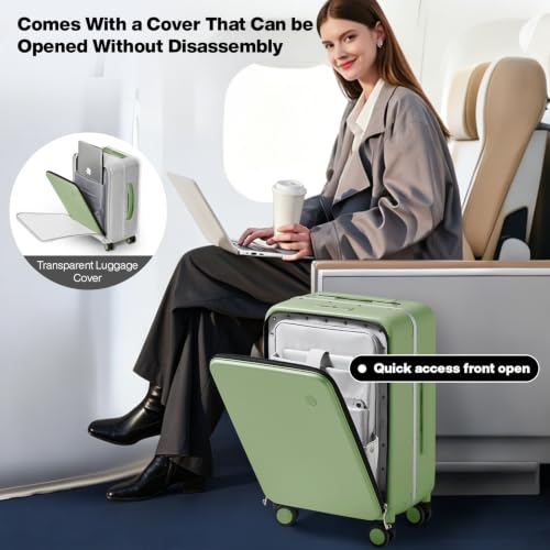 mixi Carry On Luggage, 20'' Suitcase with Front Pocket, Travel Rolling Luggage Aluminum Frame PC Hardside with Spinner Wheels & TSA Lock and Cover - Avocado Green - color: Avocado Green, size: 20-inch