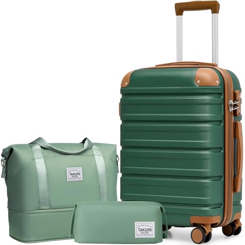 TAKUMI Luggage Sets, Hardside Suitcases with Wheels, Green Brown, 3 Piece - color: GREEN BROWN, size: 3 Piece Set(DB)