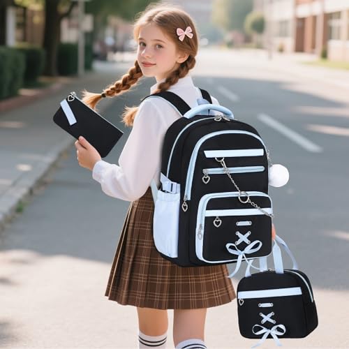 GeeWin Backpacks for Girls, Girls Backpack with Lunch Box & Pencil Case Set - color: Black Blue