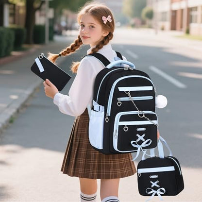 GeeWin Backpacks for Girls, Girls Backpack with Lunch Box & Pencil Case Set - color: Black Blue