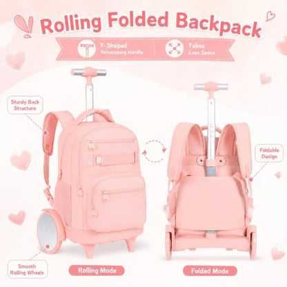 3Pcs Large Wheels Rolling Backpack for Girls Women, 20 Inches Detachable Wheeled Backpack Set, Water Resistant Roller Backpack for Travel Work College School (Pink) - color: Cassic-pink (Large Wheels)