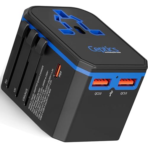 Ceptics International Power Adapter - 30W USB-C, 2 USB-A, Universal Input - color: Black/Blue