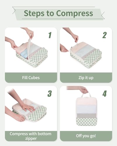Narwey 6 Set Compression Packing Cubes for Travel Women Men, Travel Cubes for Carry On Suitcase, Durable Compression Luggage Organizer Bags - color: Z-Mint Green Checkerboard
