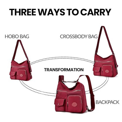 Hobo Purse for Women, Nylon Crossbody Shoulder Handbag Convertible Backpack - color: Red