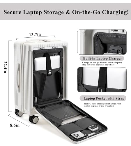 feilario Hardside Carry On Luggage, Zipper Closure, TSA Lock, USB Port - color: A-Ivory White(with zipper closure)