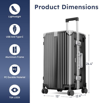ALPHA CAMP Trunk Luggage 24 Inch with Aluminum Frame Zipperless Suitcase - color: Black, size: 24 Inch