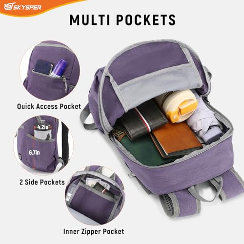 SKYSPER Anti Theft Hiking Backpack, 18L RFID Packable Travel Daypack, Lightweight Foldable Back Pack for Walking Daytrip - color: Purple, size: Small