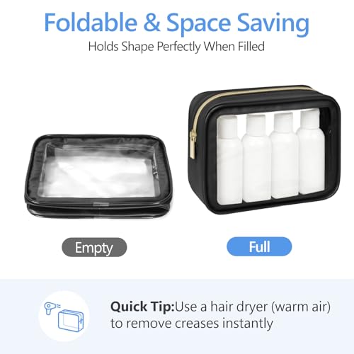 PACKISM Clear Makeup Bag Foldable - TSA Approved Toiletry Bag for Travel - color: 2 Pack Black, size: Hybrid Traveler (1 Large & 1 Medium - Soft)