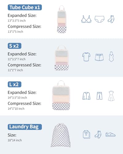 Narwey Compression Packing Cubes for Travel, Cute Luggage Organizer Bags - color: Z-Grayish Blue Checkerboard