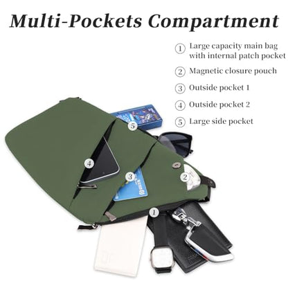 Anti Theft Crossbody Travel Bag - Multi-pocket Shoulder Bag with Adjustable Strap,Slim Sling Bag for Women Men - color: Army Green-left Shoulder
