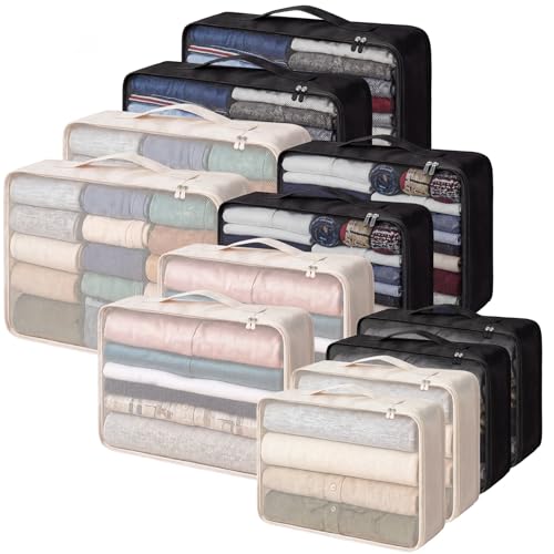 Silkfly 12 Pcs Packing Cubes for Travel,XL, L, M,Classic,Beige, Black - color: Beige, Black, size: XL, L, M, style: Classic